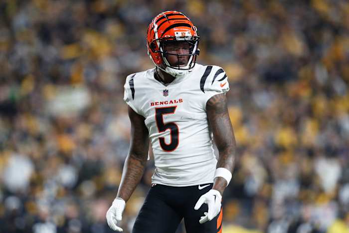 Dec 23, 2023; Pittsburgh, Pennsylvania, USA; Cincinnati Bengals wide receiver Tee Higgins (5) at the line of scrimmage against the Pittsburgh Steelers during the second quarter at Acrisure Stadium. Mandatory Credit: Charles LeClaire-USA TODAY Sports